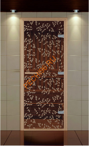 Дверь стеклянная ALDO NEW «Листья березы» коробка бук с порогом