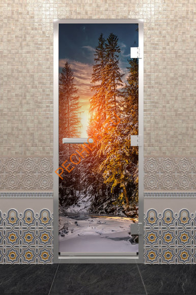 Дверь стеклянная DoorWood Хамам с фотопечатью «Закат в лесу», 1900х700 мм