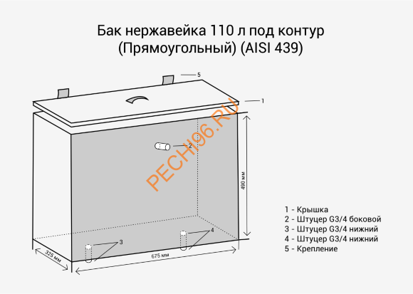 Бак Везувий 110л нержавейка (AISI 439) прямоугольный под контур