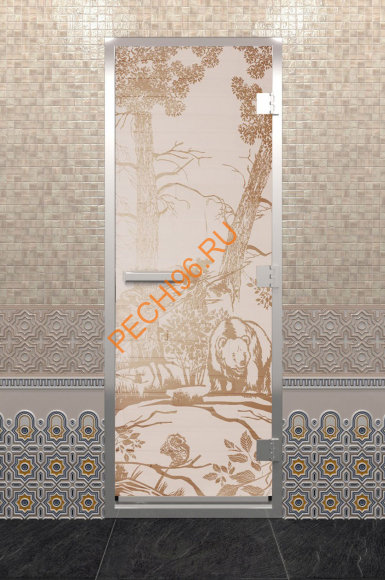 Дверь стеклянная DoorWood Хамам «Мишки» сатин, 1900х700 мм