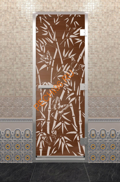 Дверь стеклянная DoorWood Хамам «Бамбук и бабочки» бронза, 1900х700 мм