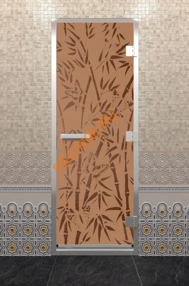 Дверь стеклянная DoorWood Хамам «Бамбук и бабочки» бронза матовая, 1900х700 мм