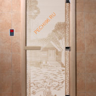 Дверь стеклянная DoorWood «Банька в лесу сатин», 1800х700 мм