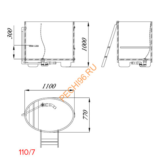 Купель для бани Blumenberg TBK 110х77 овальная из камбалы (чертеж 110/7)