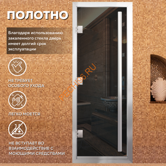 Дверь в хамам стеклянная Арта Премьер 60G Серая, коробка алюминий с порогом