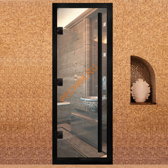 Дверь в хамам стеклянная Арта Премьер 60G Прозрачная, коробка черная алюминий с порогом