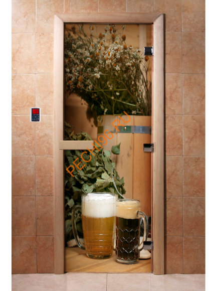 Дверь стеклянная DoorWood с фотопечатью «С легким паром!» Дверь стеклянная DoorWood с фотопечатью «С легким паром!»