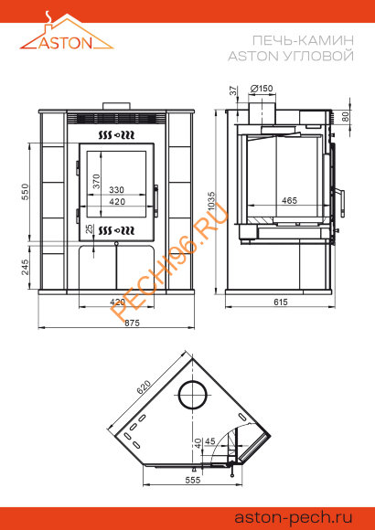 Печь-Камин ASTON, 11 кВт  угловой