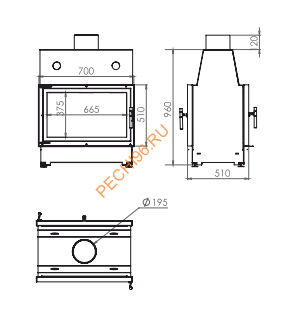 Каминная топка ECHA-TECH ECT Double 70x51/С 13 кВт, туннель, футеровка чугун