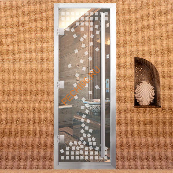 Дверь в хамам стеклянная Арта Премьер Арт 60G Мозаика, коробка алюминий с порогом