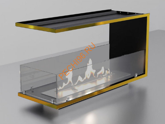 Торцевой биокамин 2000х500х300 мм, стекло тонированное, рамка латунь