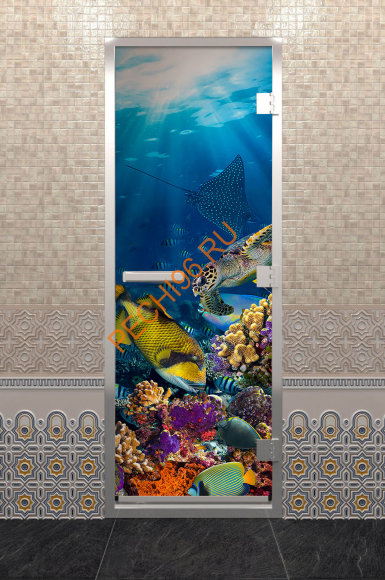 Дверь стеклянная DoorWood Хамам с фотопечатью «Голубая лагуна», 1900х700 мм Дверь стеклянная DoorWood Хамам с фотопечатью «Голубая лагуна», 1900х700 мм