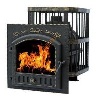 Печь банная чугунная Сибирь 24, каминная дверца со стеклом 545Х545, кованная сетка