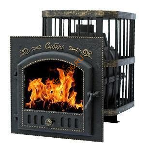 Печь банная чугунная Сибирь 24, каминная дверца со стеклом 545Х545, кованная сетка